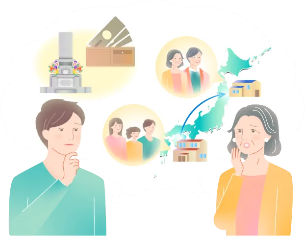お墓が遠方でお墓参りに行けないことを心配している母と息子のイラスト