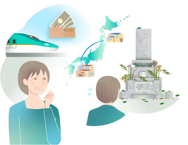 お墓が遠方でお墓参りに行けないことを心配している母と息子のイラスト