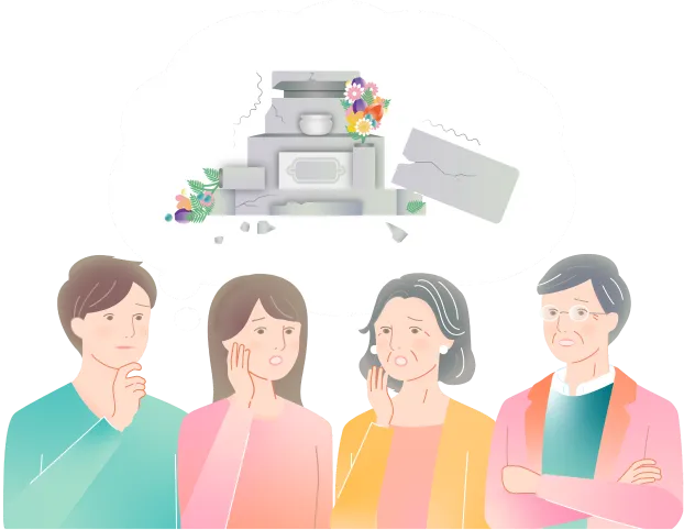 お墓が遠方でお墓参りに行けないことを心配している母と息子のイラスト